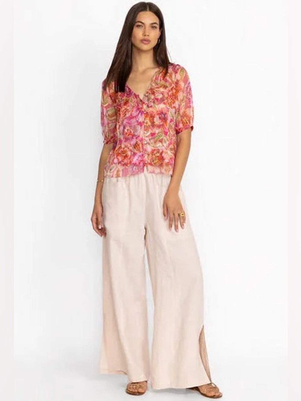 Johnny Was Calme Linen Pull On Pant w Slits Khaki Beige Womens Size L - Picture 2 of 10